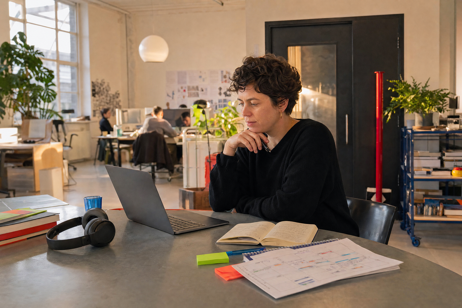 Eine Person prüft am Studiotisch einen persönlichen Lernplan