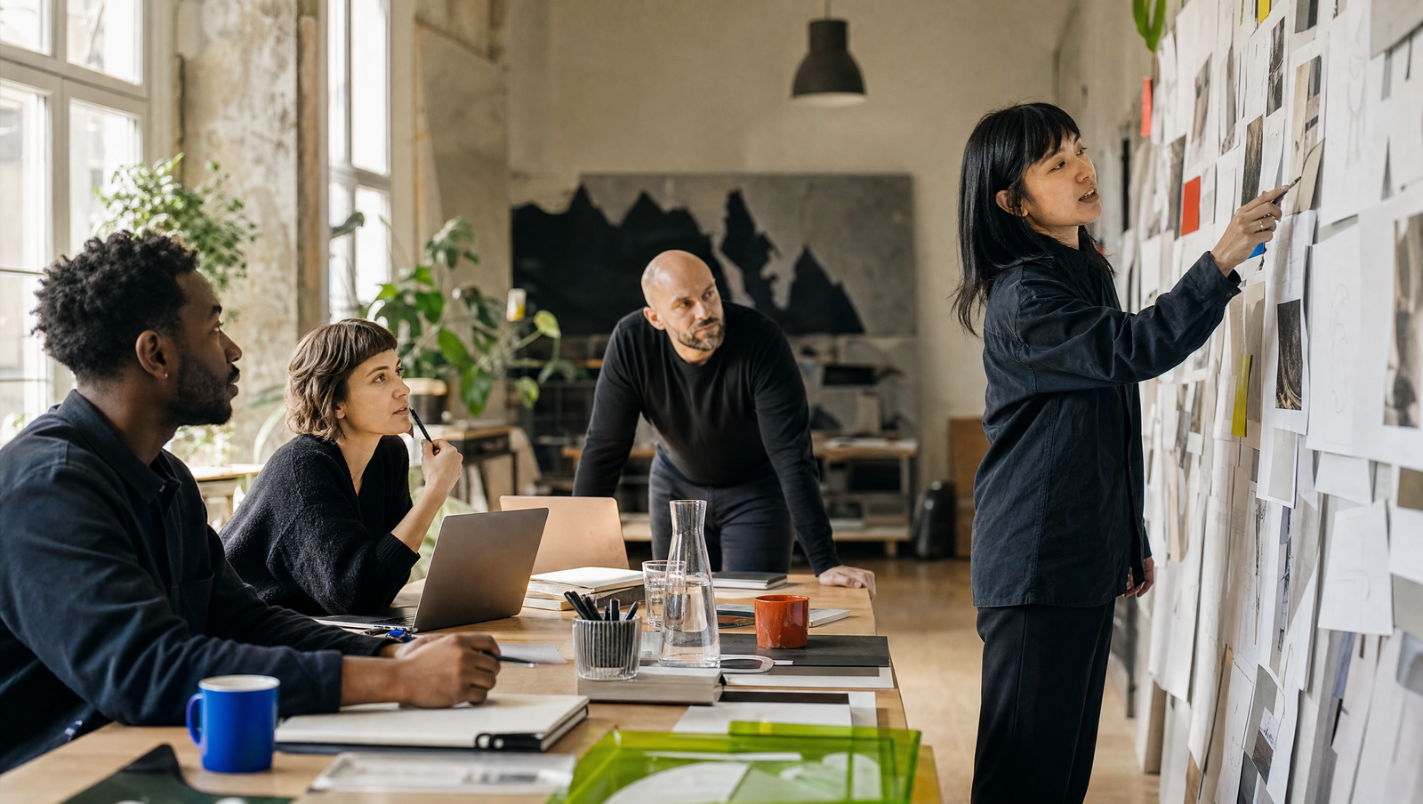 Vier Kreativschaffende besprechen eine Strategie an einer Studiowand