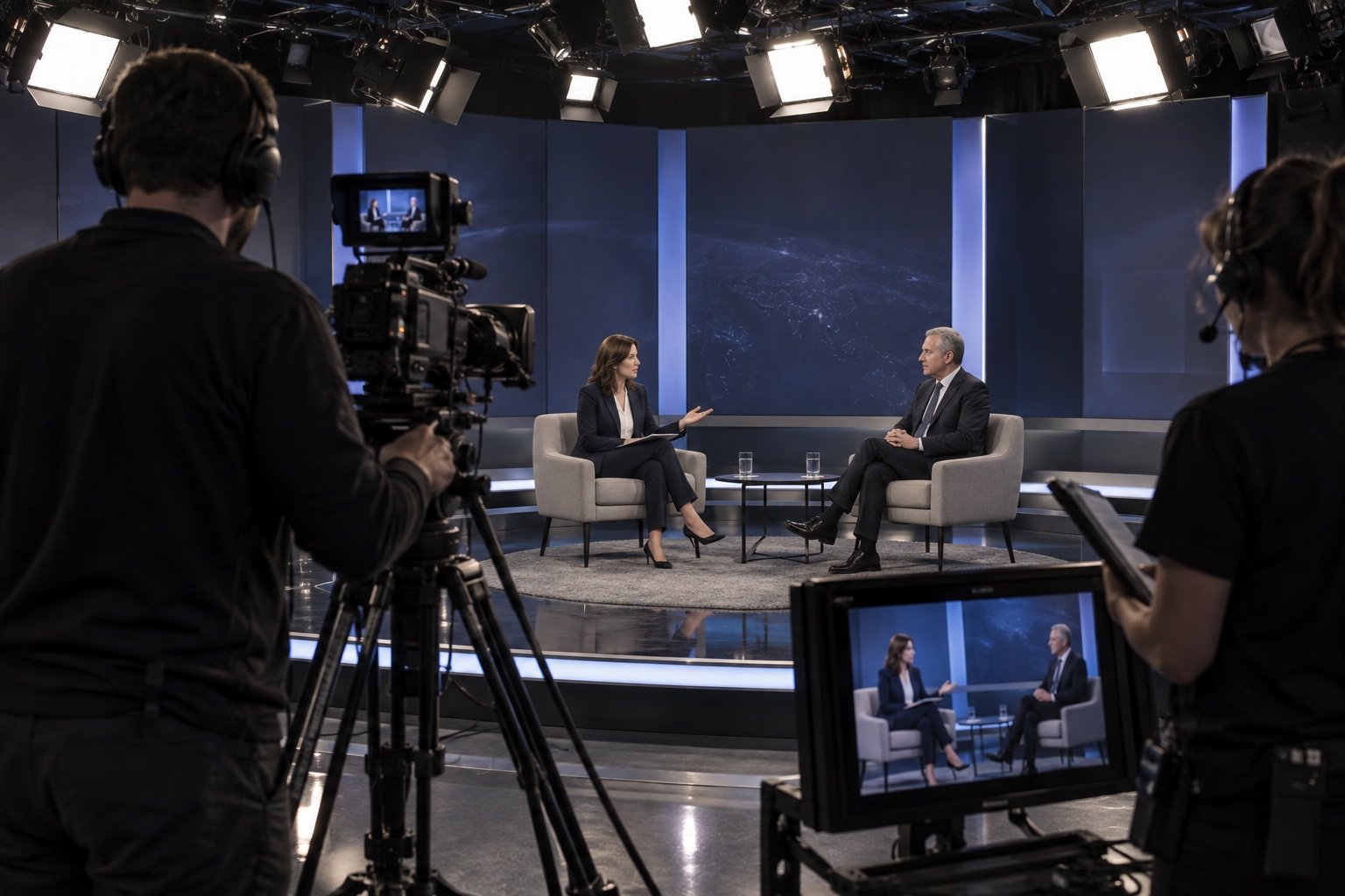 Kamerateam filmt ein Interview im Fernsehstudio